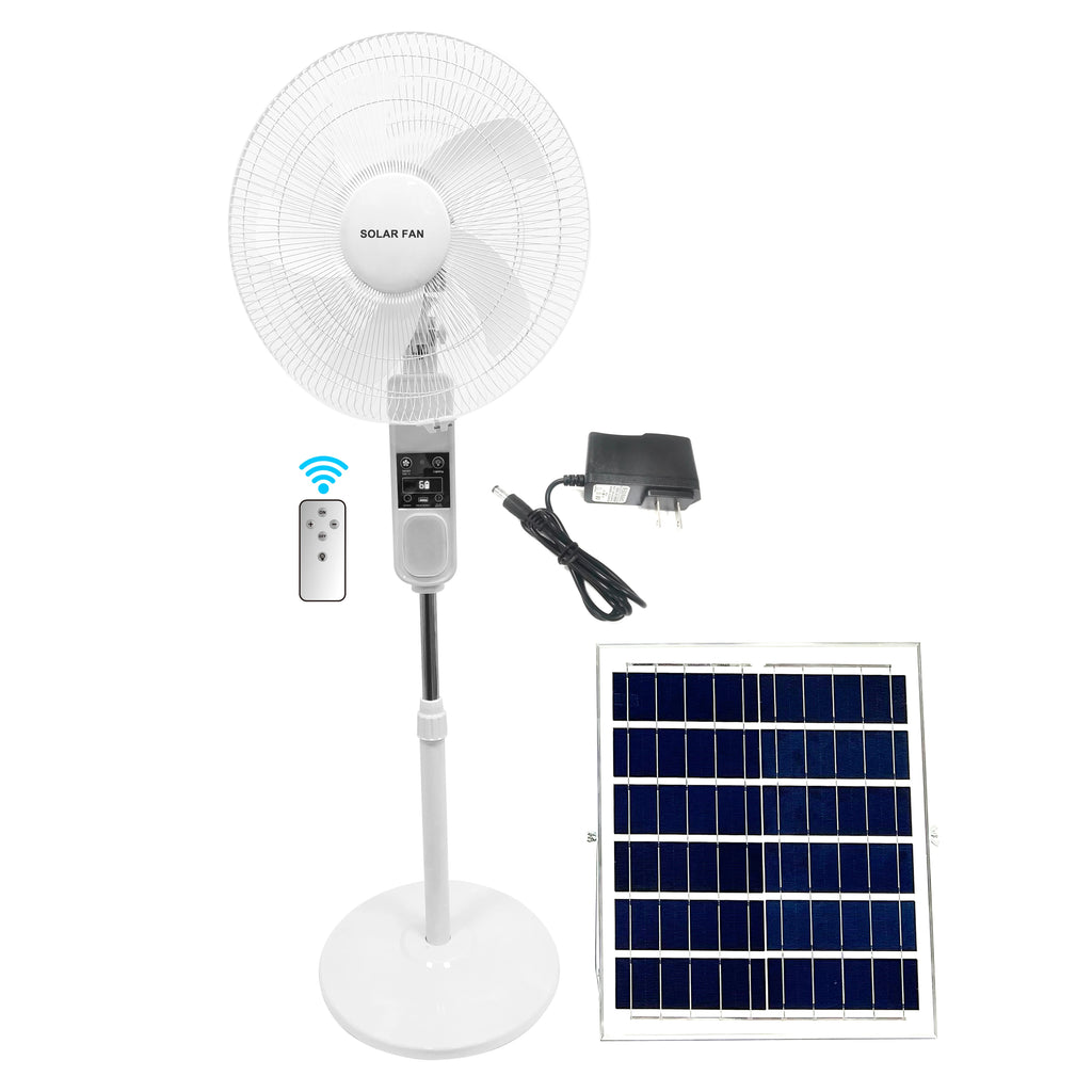 16'' Solar Rechargeable Fan With Bulb, Remote, Solar Panel, Charger and USB Port