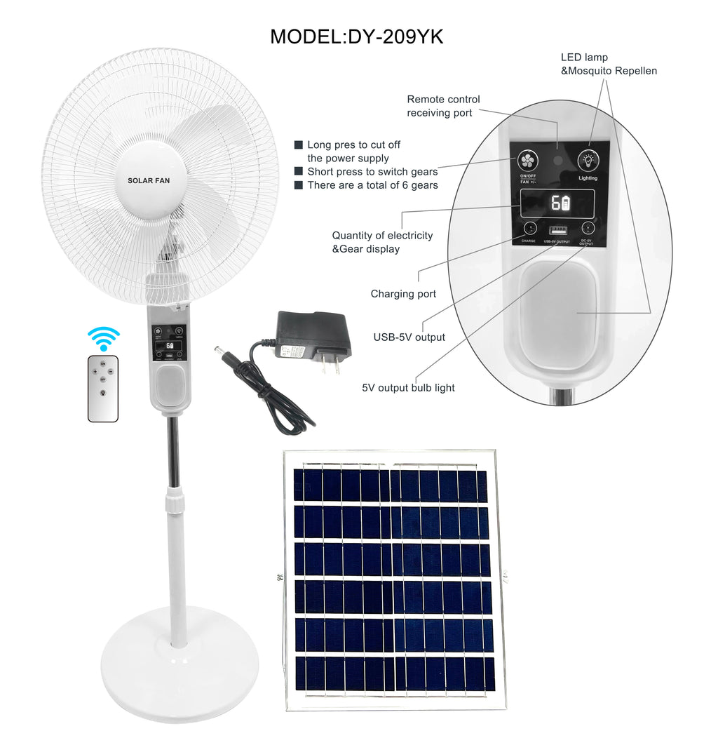 16'' Solar Rechargeable Fan With Bulb, Remote, Solar Panel, Charger and USB Port