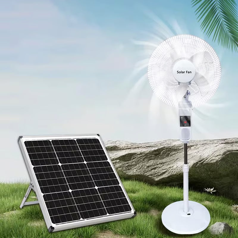 16'' Solar Rechargeable Fan With Bulb, Remote, Solar Panel, Charger and USB Port